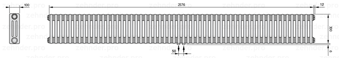 Схема (чертеж) Радиатор Zehnder Charleston 3030/56 №5410 Белый глянцевый RAL 9016